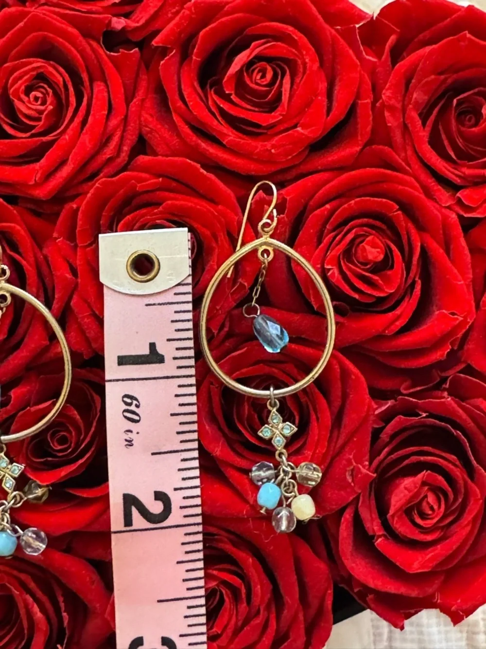 Boho Gold Hoop Charm Earrings | Cross Accent + Blue Crystal & Beaded Dangles